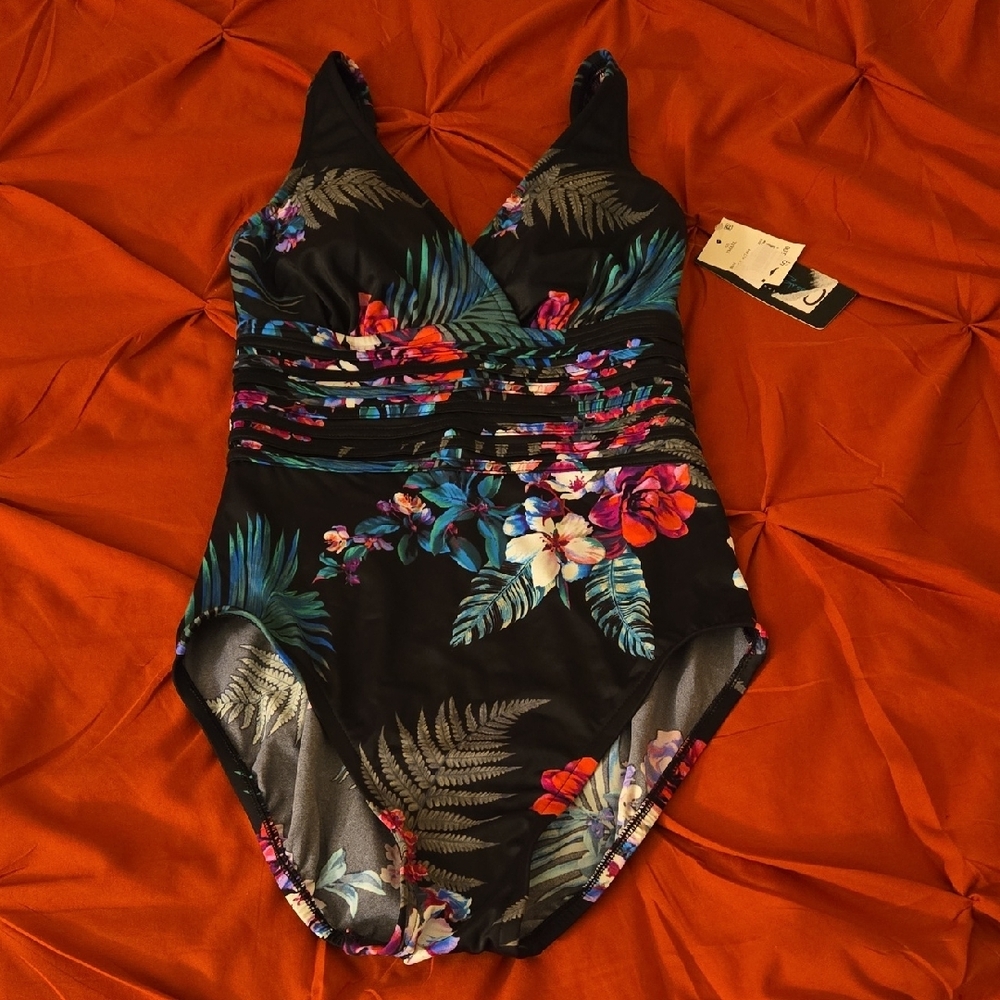 Aqua Green Black One Piece with Ruched V-Neckline